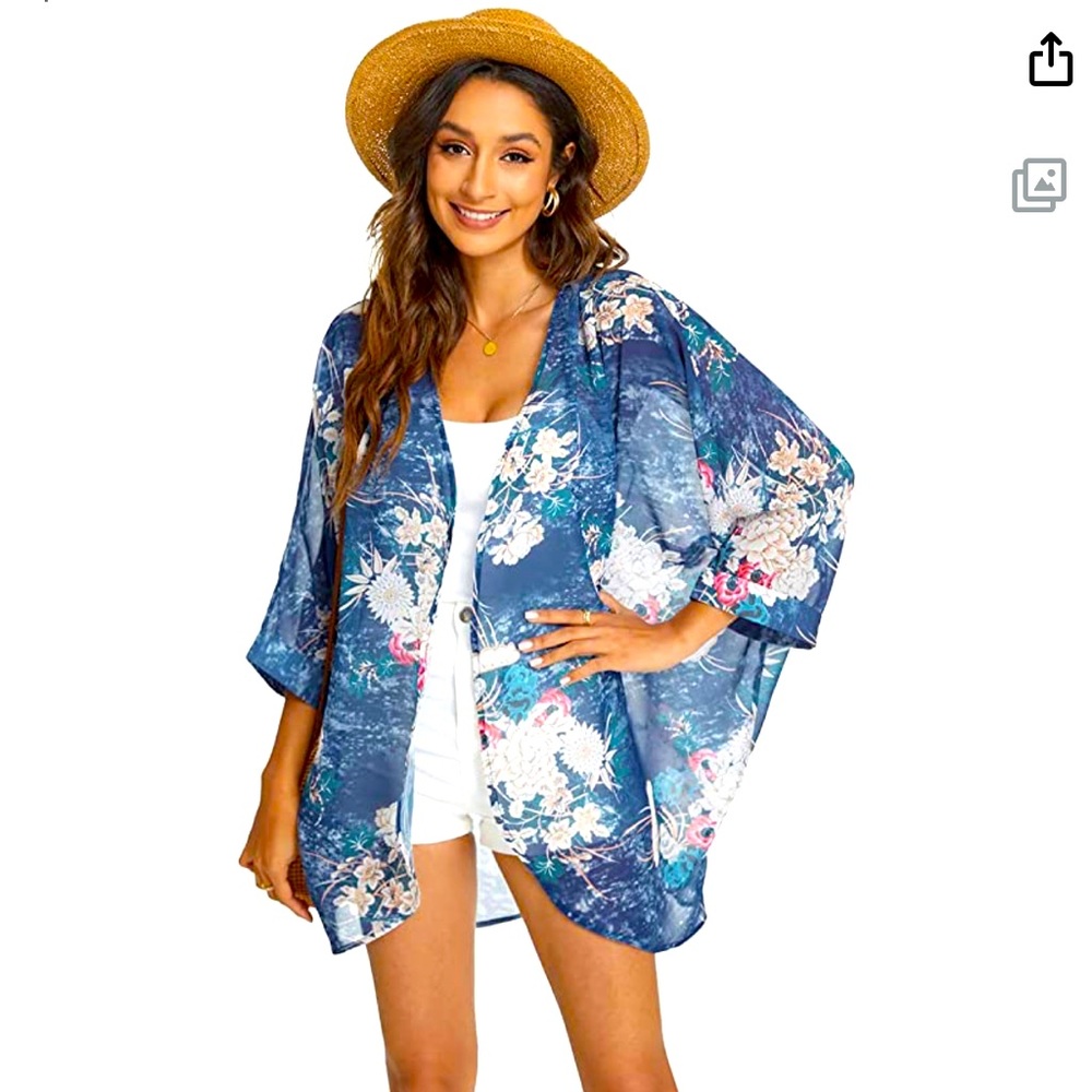 Women's Floral Print Sheer Chiffon Loose Kimono Cardigan (NWT)